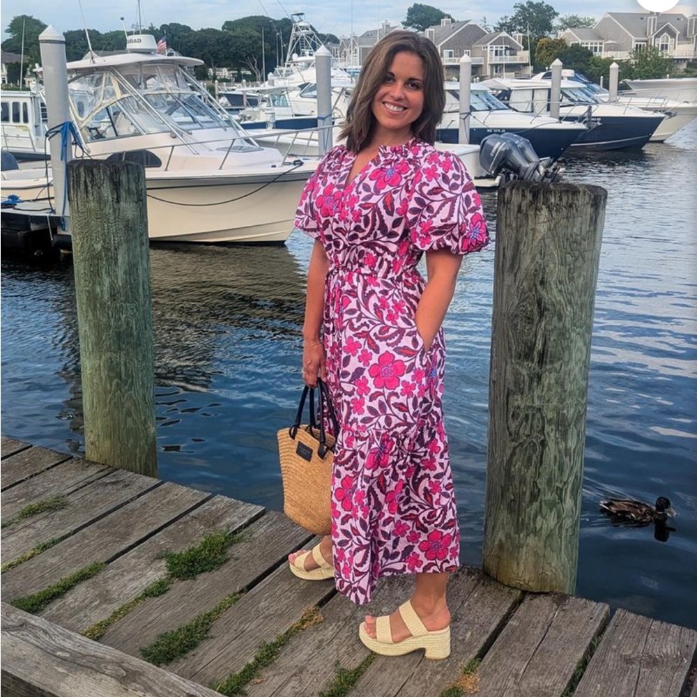 Sugarlips Aubrey Floral Pink Bubble Sleeve Midi Dress